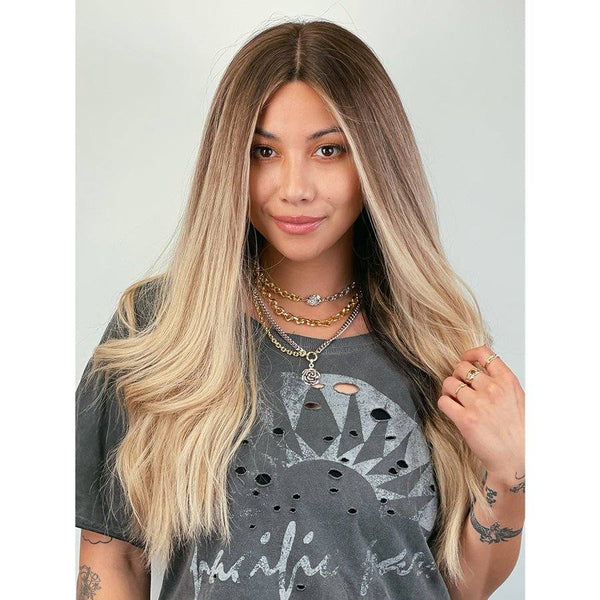 26" Ponytail Silk Top Wig Platinum Blonde w/ Reverse Balayage