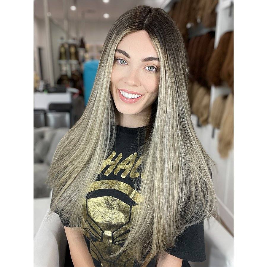 26" Ponytail Silk Top Wig Ash Blonde w/ Reverse Balayage