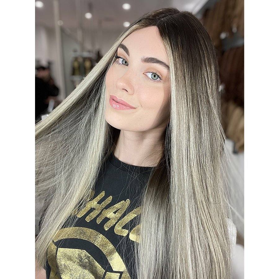 26" Ponytail Silk Top Wig Ash Blonde w/ Reverse Balayage