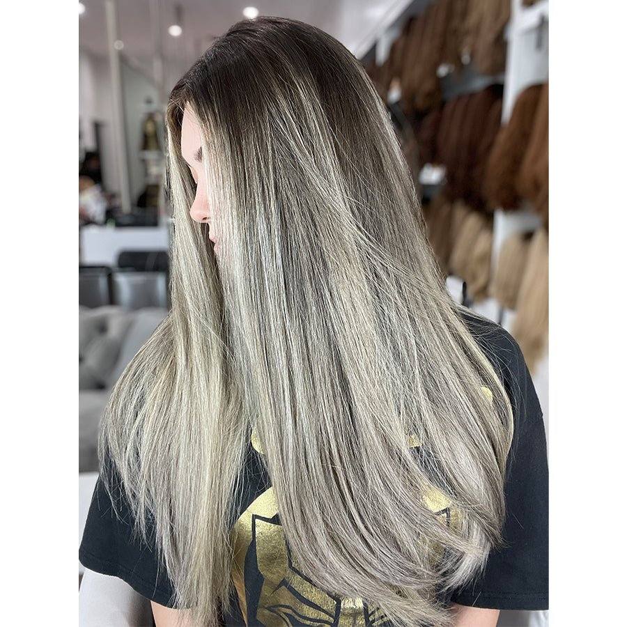 26" Ponytail Silk Top Wig Ash Blonde w/ Reverse Balayage