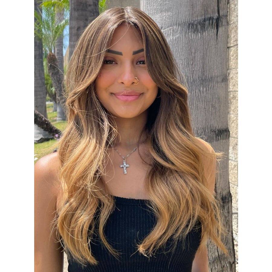 22" Ponytail Silk Part Wig Dark Brown Ombre