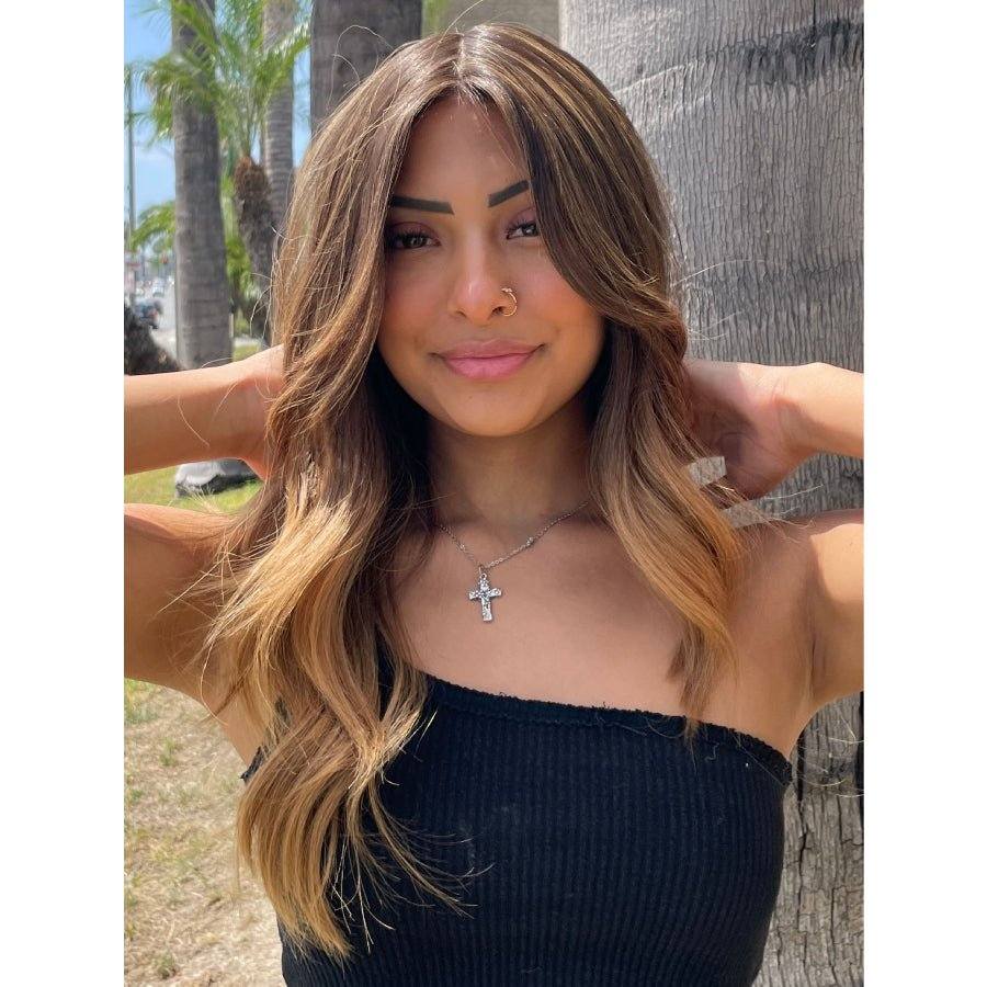 22" Ponytail Silk Part Wig Dark Brown Ombre