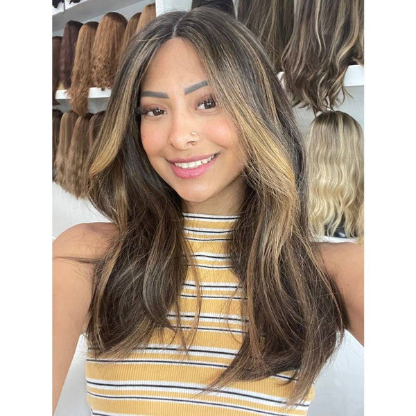 20" Divine Lace Top Wig Soft Black w/ Highlights & Money Pieces