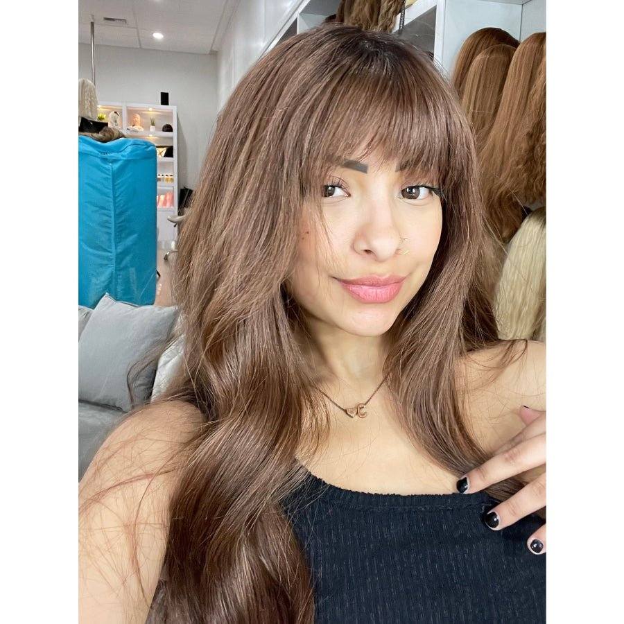 26" Amber Silk Top Wig Auburn w/ Rooting & Wispy Bangs