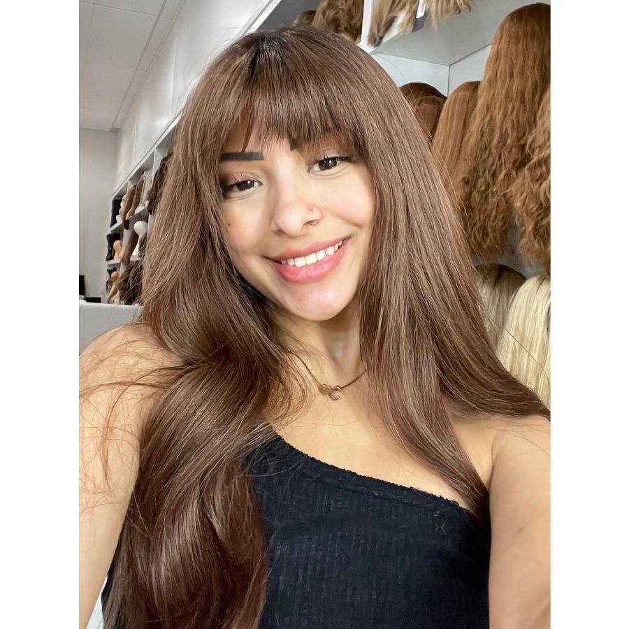 26" Amber Silk Top Wig Auburn w/ Rooting & Wispy Bangs
