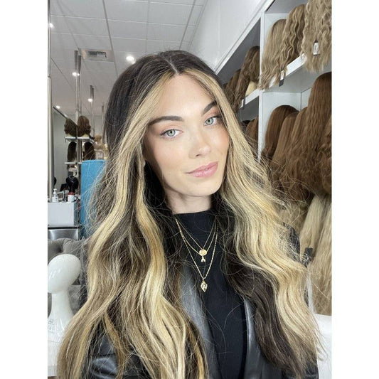 26" Divine Lace Top Wig Soft Black w/ Balayage & Money Pieces