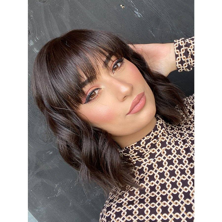 16" Luxe Silk Top Wig #4 Dark Brown Wavy w/ Wispy Bangs