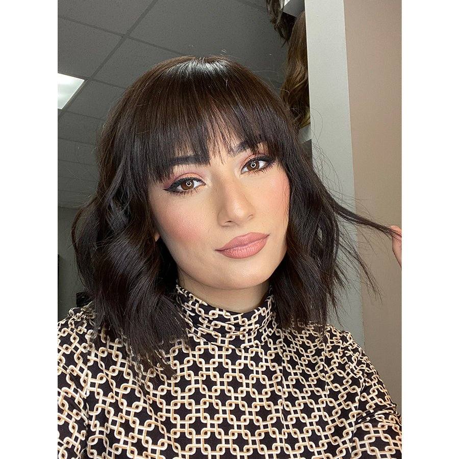 16" Luxe Silk Top Wig #4 Dark Brown Wavy w/ Wispy Bangs