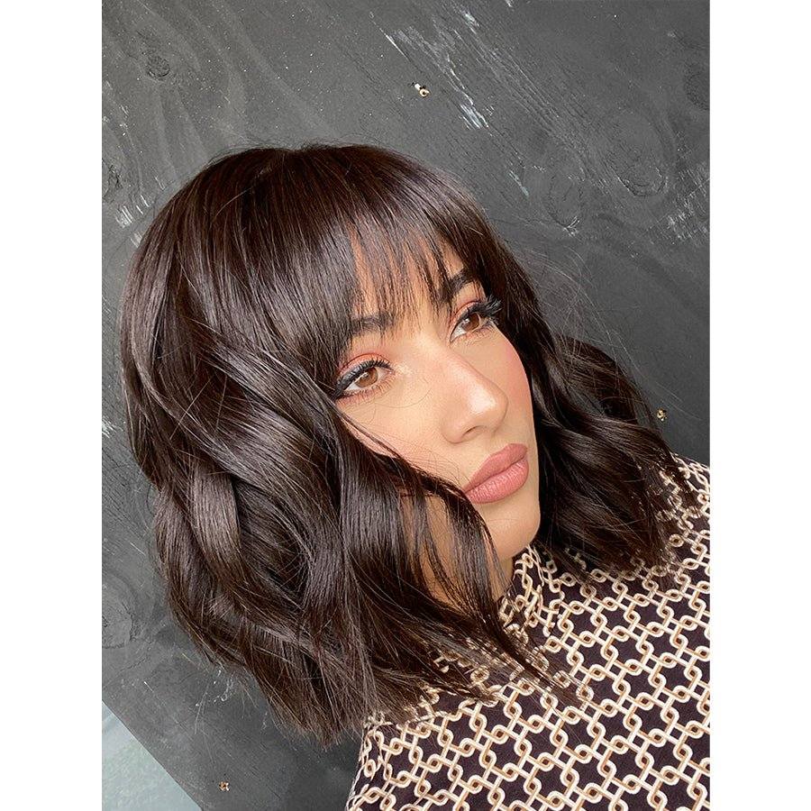 16" Luxe Silk Top Wig #4 Dark Brown Wavy w/ Wispy Bangs