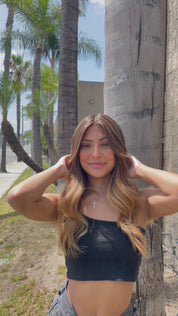 22" Ponytail Silk Part Wig Dark Brown Ombre