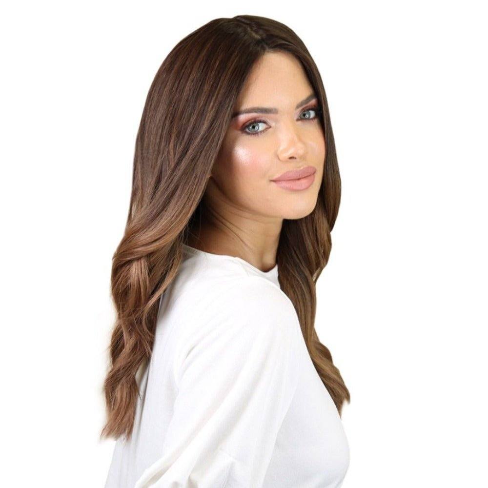 22" Ponytail Silk Part Wig Dark Brown Ombre