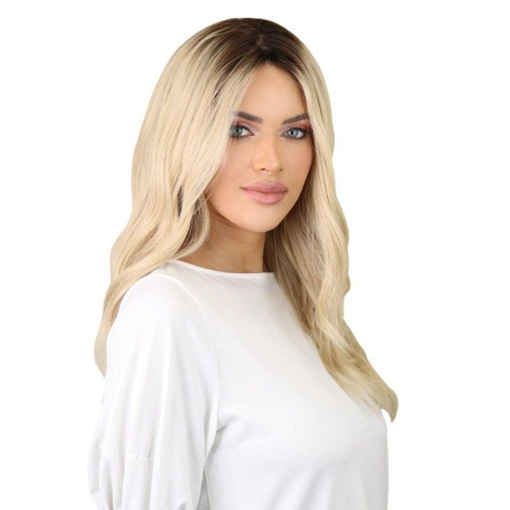 22" Ponytail Silk Part Wig Platinum Blonde w/ Rooting