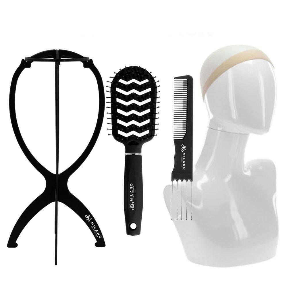 Value Pack :14" Halo Plastic Wig Stand with 9 Pack Nude Nylon Wig Caps and Black Brush & Comb Set