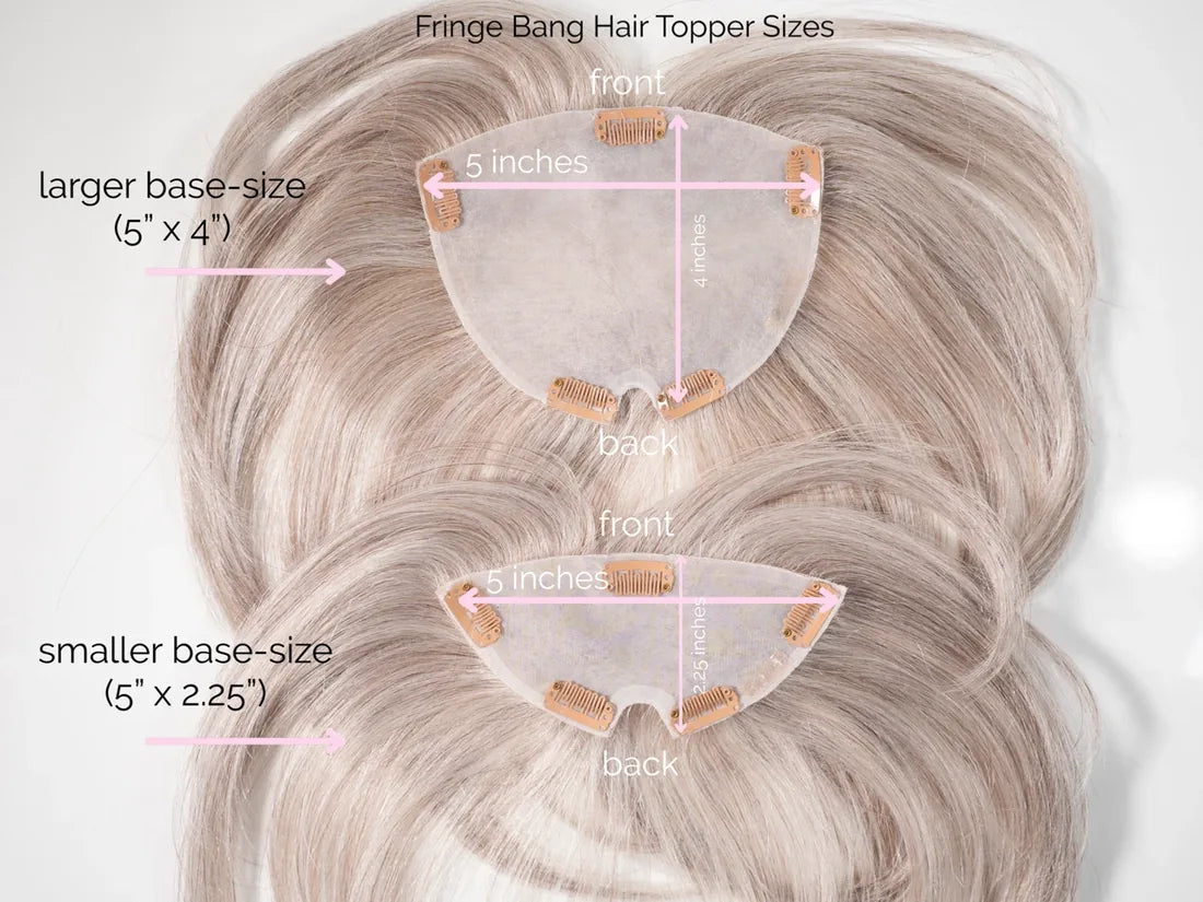Two Fringe Topper bases seen from underneath, front at the top. Larger base: 5 inches wide by 4 inches deep. Smaller base: 5 inches wide by 2.25 inches deep. Both have clips and a cutout at the back.